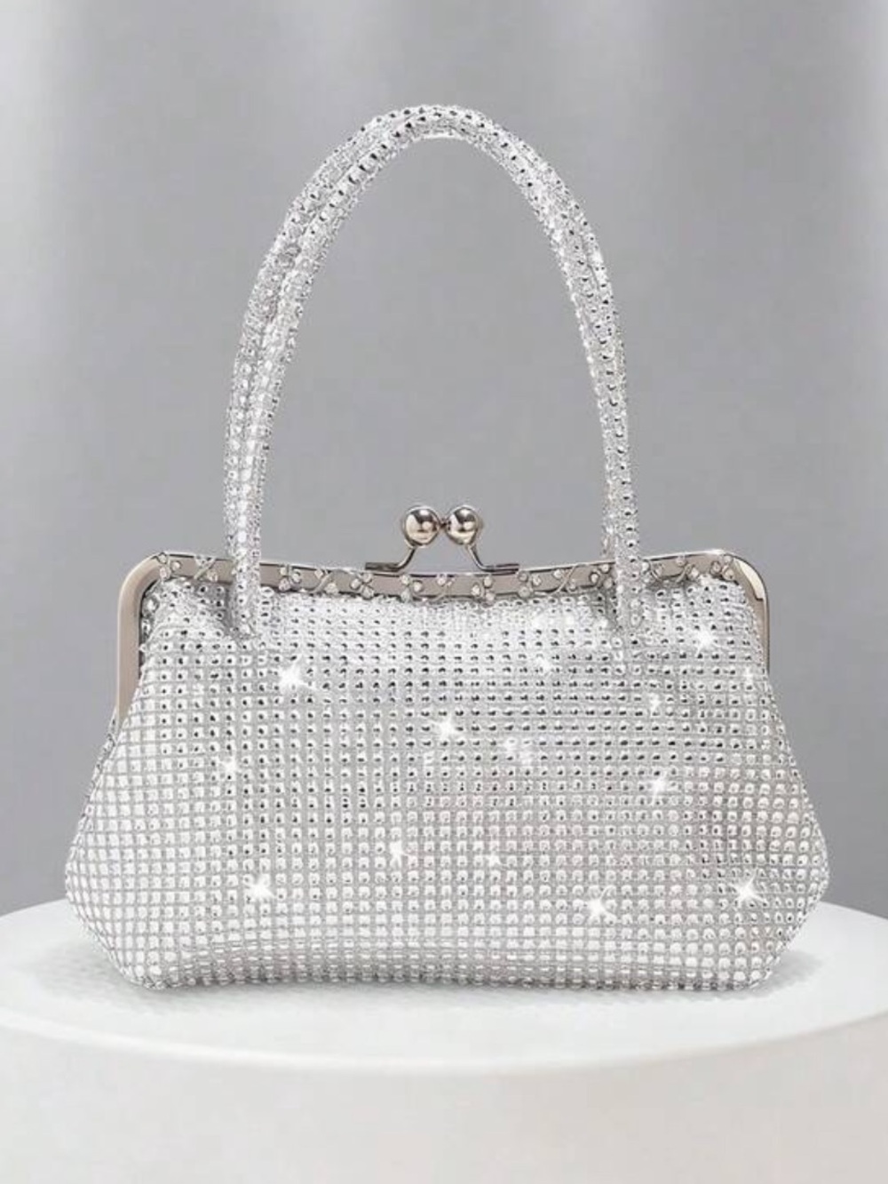 Crystal-Embellished Silver Evening Handbag